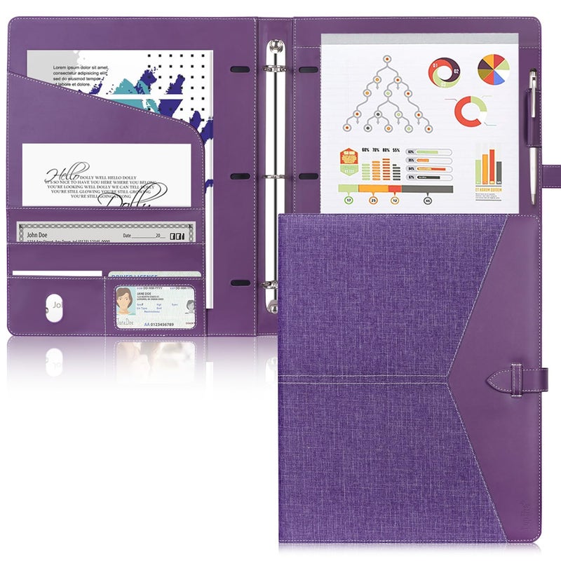 Toplive Padfolio 3 Ring Binder Organizer Business Portfolio Folder for Women, A4/ Letter Size PU Leather Portfolio Padfolio for Interview Conference Presentation, Purple - Image 1
